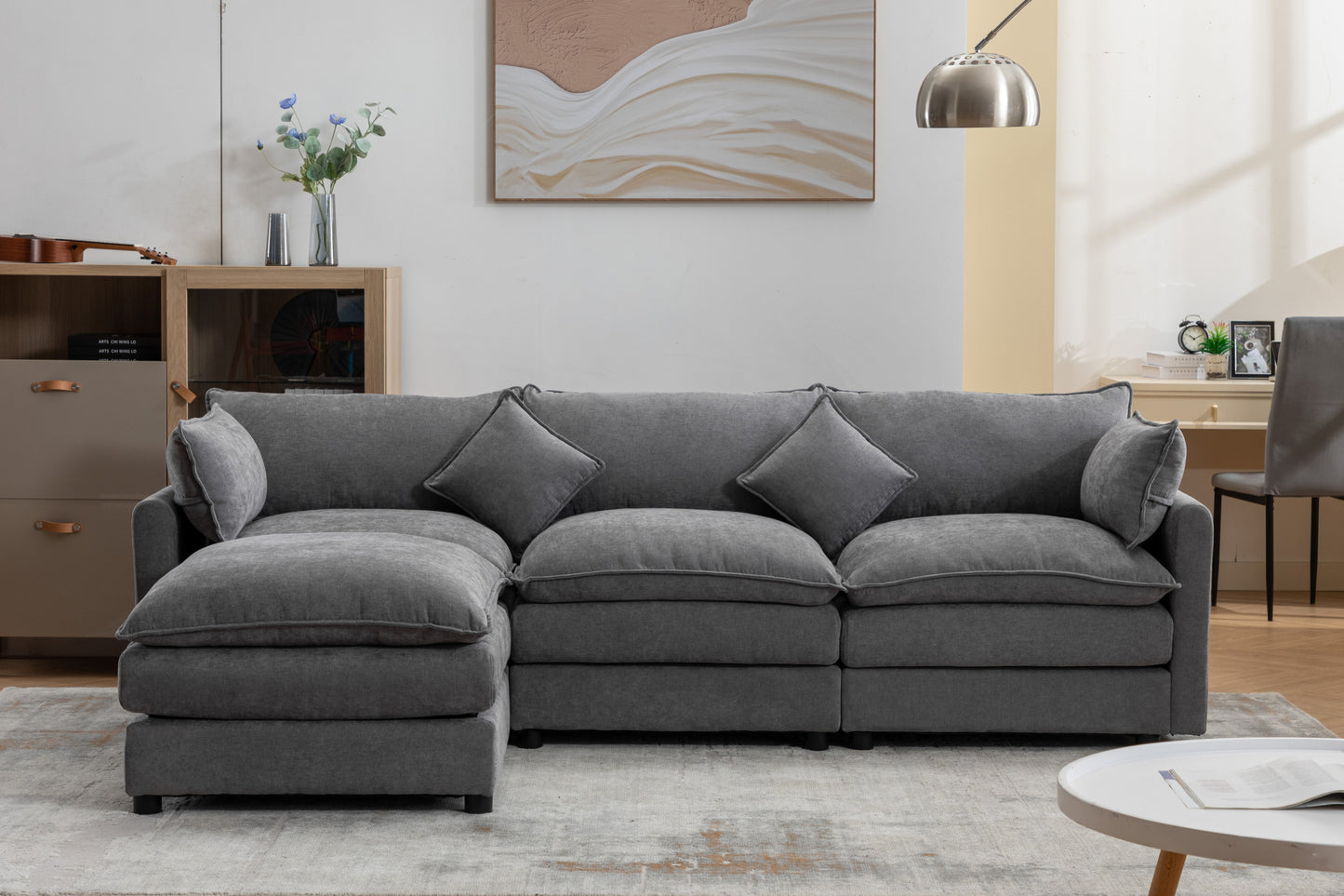 Modular Sectional Sofa, 3-Seater Sofa with Ottoman, Modern L-Shaped Sofa for Living Room Bedroom Apartment