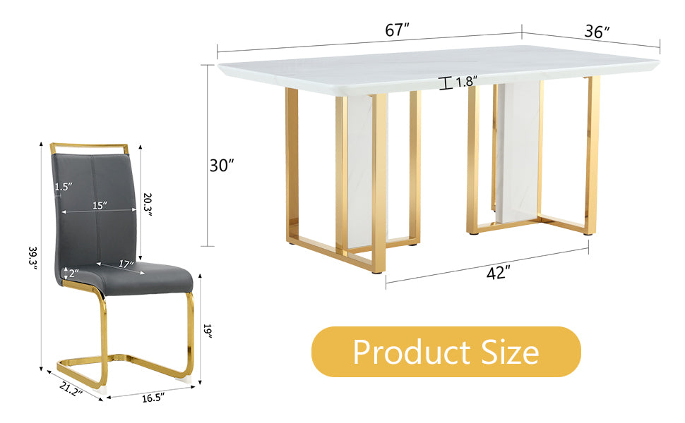 Table and chair set.67"x36" White marble pattern MDF Dining Table Set with 8 Dark Gray PU Chairs.MDF sticker,White marble pattern sticker,Gold C-tube chair legs,Suitable for kitchen,Dining room,etc.