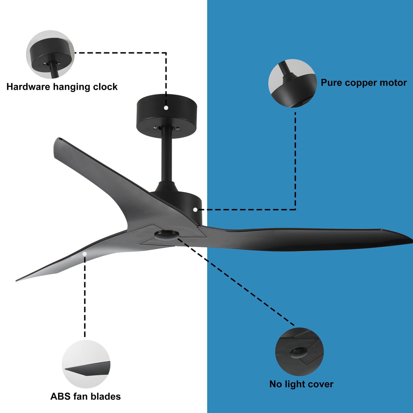 52" Outdoor black Ceiling Fan Without Light with Remote Control ,3 ABS Blades Farmhouse Ceiling Fan 6-speed Reversible DC Motor Modern Ceiling Fan for Living Room, Bedroom, Kitchen