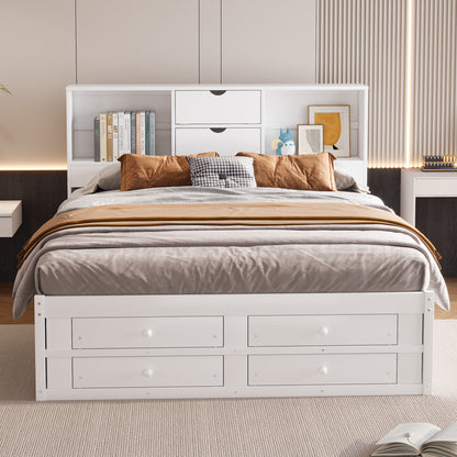 King Size Platform Bed with Storage Headboard and 8 Drawers, White