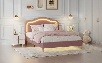 Twin Size Velvet Upholstered Smart LED Bed Frame with Adjustable Height Headboard,No Box Spring Needed,Easy Assembly,Pink