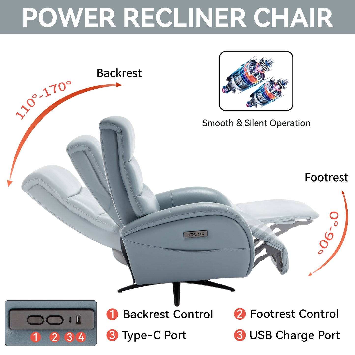 Blue Leatheraire Dual Motor 270° Swivel Power Recliner Chair With Heavy Duty Motion Mechanism, USB and Type-C Charging Ports.