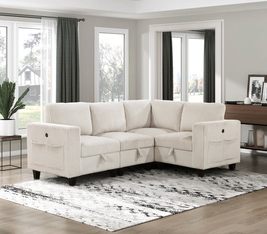 4-Piece Modular Sectional with Storage Seats, Side Pockets, Charging Ports Beige Corduroy Fabric Modern Living Room Sectional Couch Solid Wood Furniture