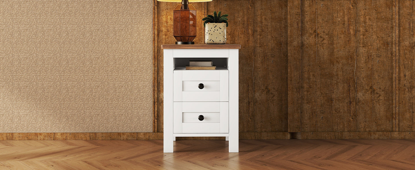 2-Drawer Farmhouse Wooden Nightstand with Well-proportioned Design and Sleek Lines, Wood Side Table with Storage Cabinet for Bedroom, White+Brown