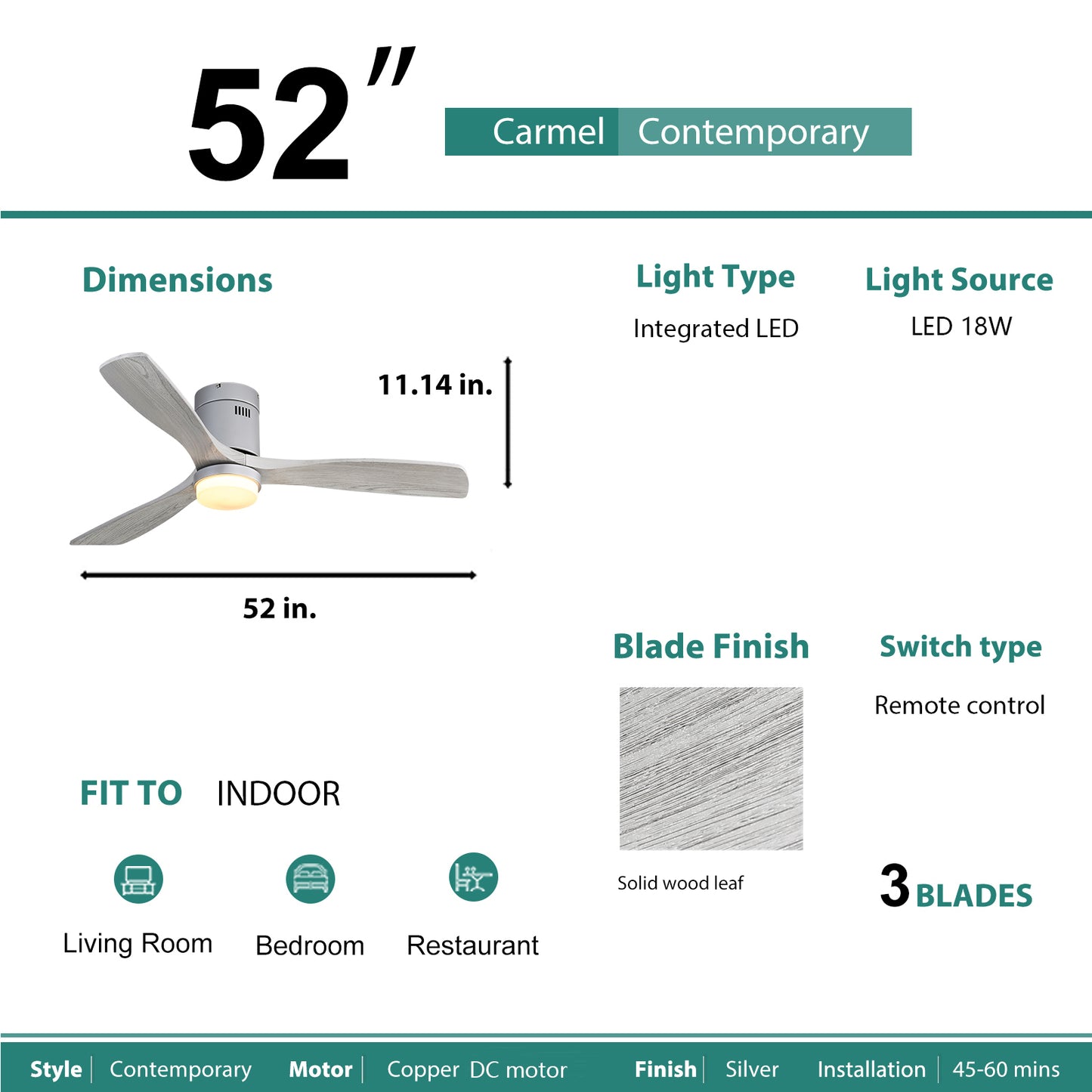 52 Inch Ceiling Fan With Lights 3 Solid Wood Fan Blade Noiseless Reversible Motor Remote Control With Light