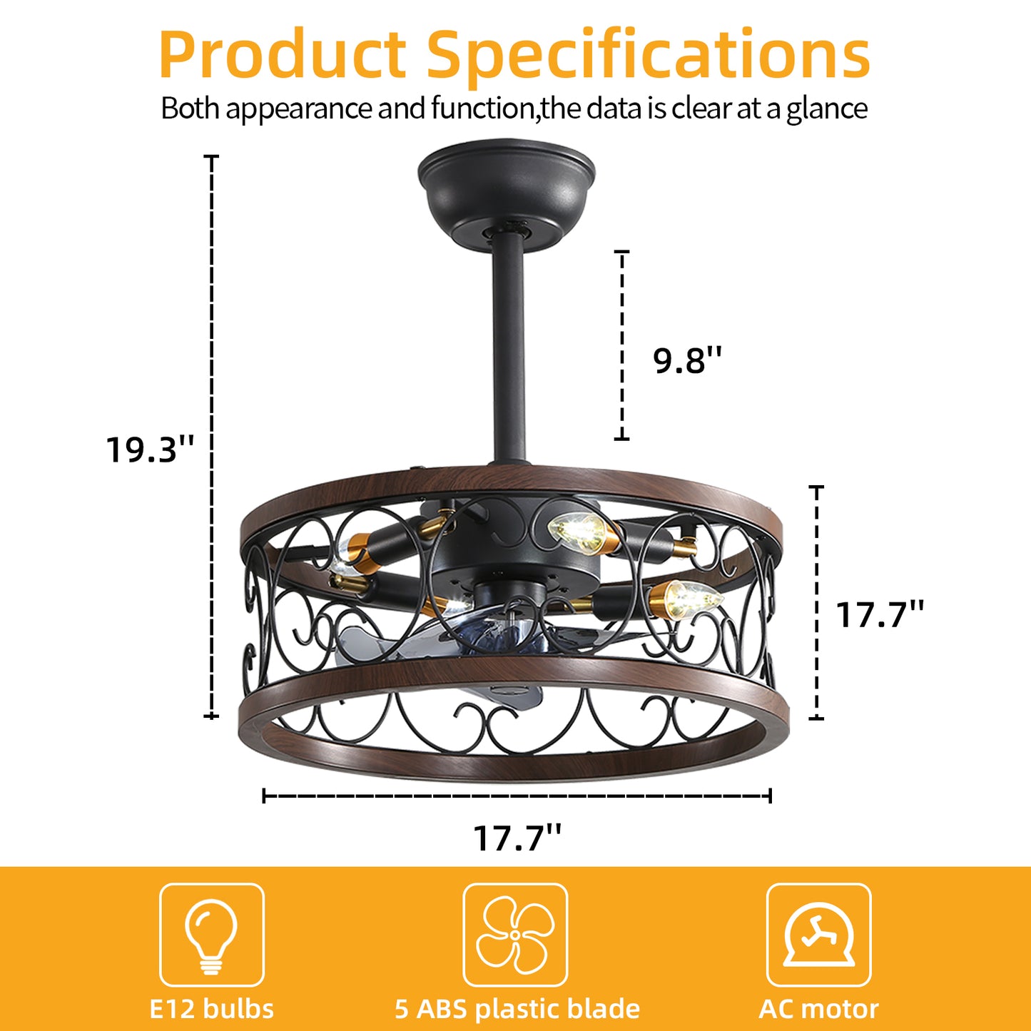 18inch Caged Ceiling Fan with Lights Remote Control for APP (Note:No warranty on bulbs)