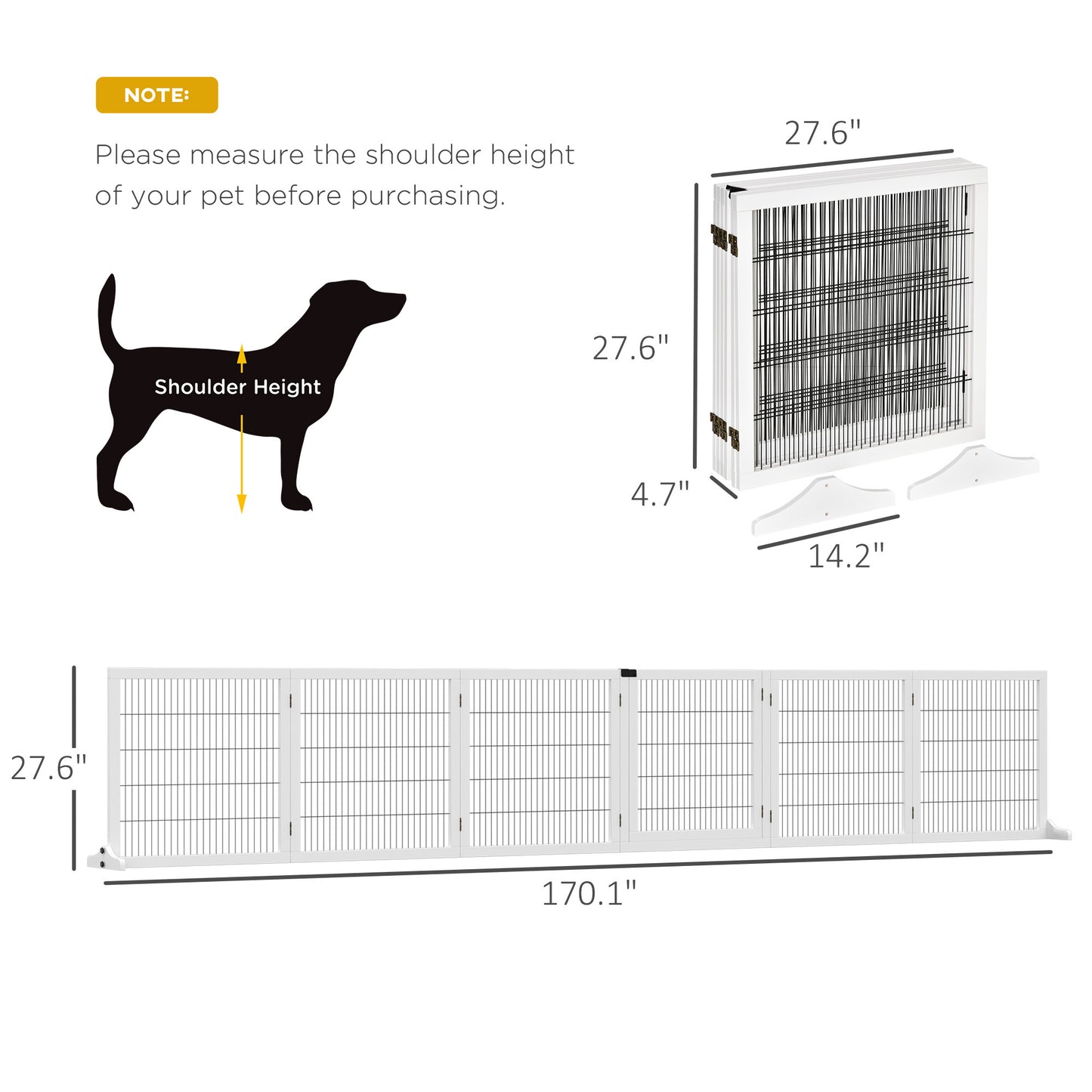 PawHut Wooden Dog Gate, 170" Freestanding Pet Gate, 6-Panel Foldable Dog Safety Barrier with 2 Support Feet for House Doorway Stairs, Small and Medium Dogs, White