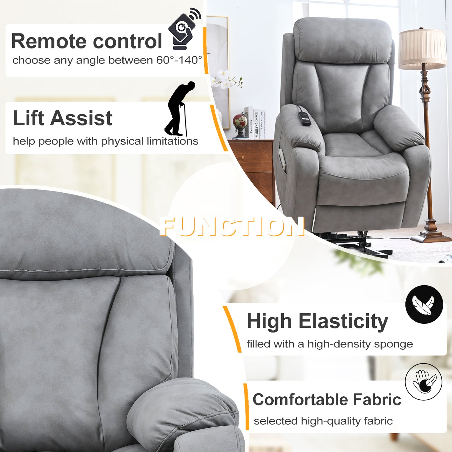 Electric Power Lift Recliner Chair for Elderly, Fabric Recliner Chair for Seniors, Home Theater Seating,Living Room Chair,Side Pocket, Remote Control (Light Gray)