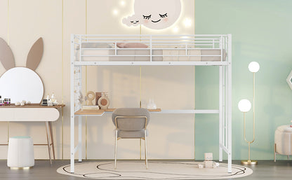 Twin Metal Loft Bed with Desk and Metal Grid,White