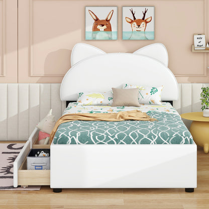 Twin Size Upholstered Platform Bed with Cartoon Ears Shaped Headboard and 2 Drawers, White