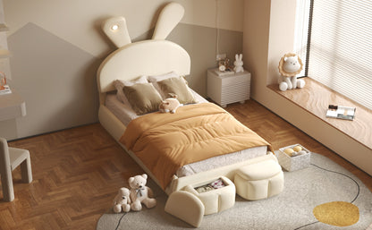 Twin Size Upholstered Platform Bed with Cartoon Ears Shaped Headboard and Light, Beige