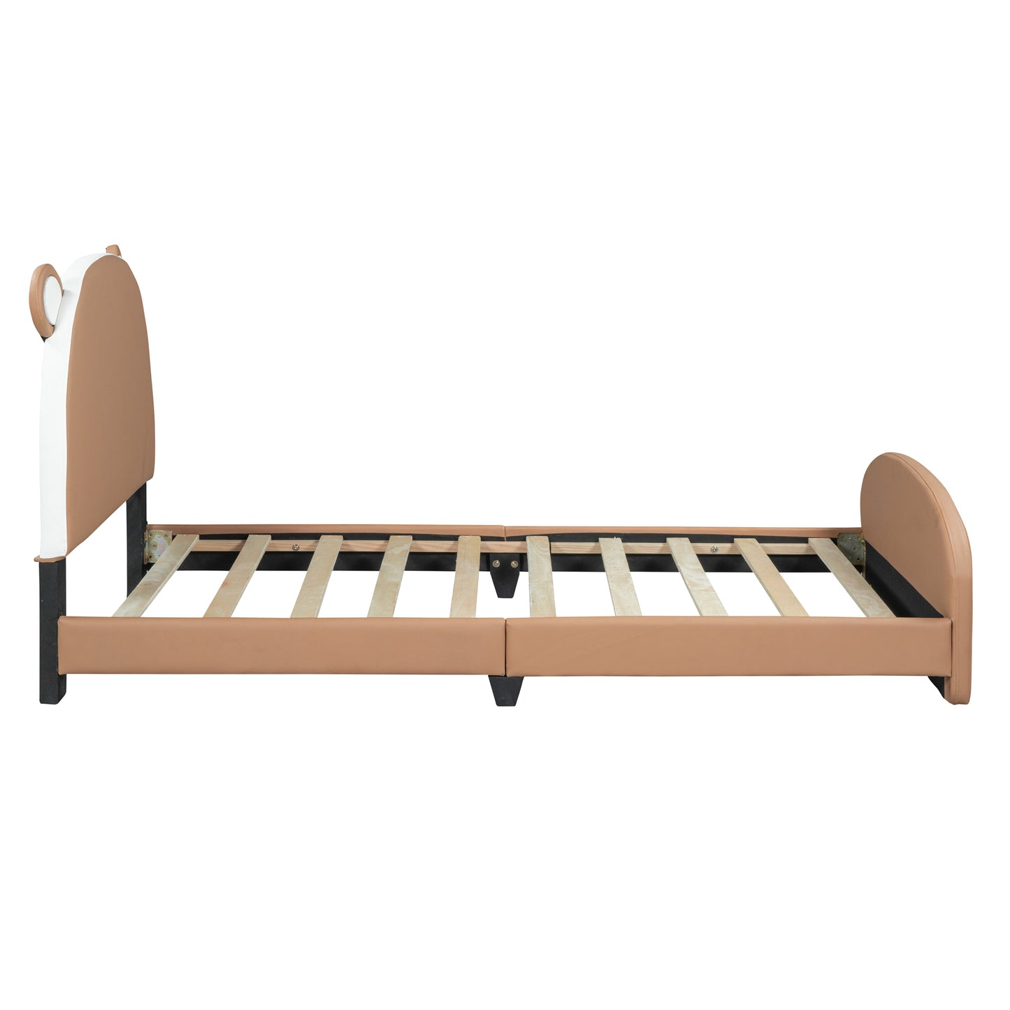 Twin Size Upholstered Platform Bed with Bear-shaped Headboard and Footboard,Brown+White