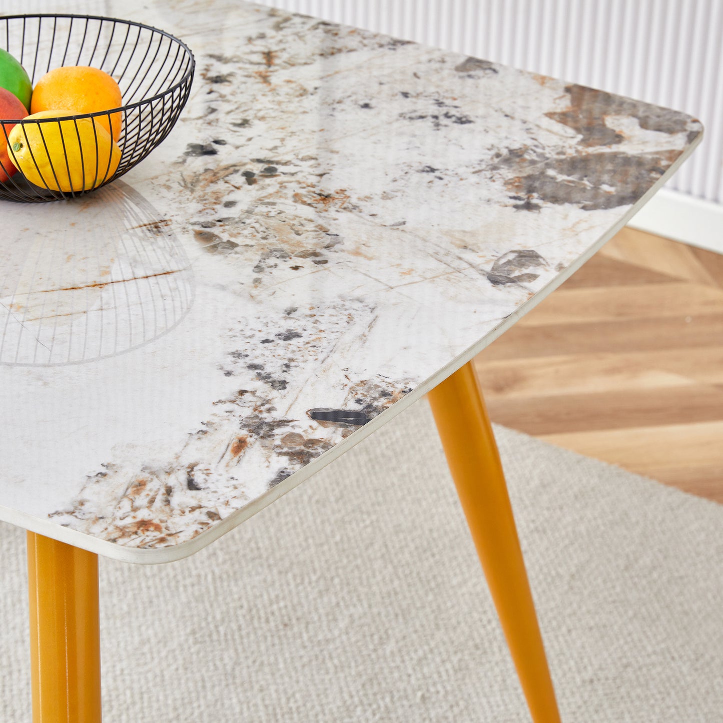 Modern minimalist dining table. White imitation marble pattern SINTERED STONE desktop with golden metal legs.62.2"*34.6"*30" F-001