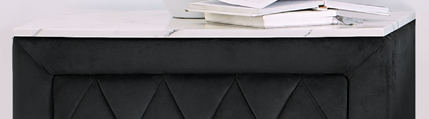 1pc Faux Marble Top Nightstand 2- Drawers Storage Gray Finish Button Tufted Faux Crystal Tufted