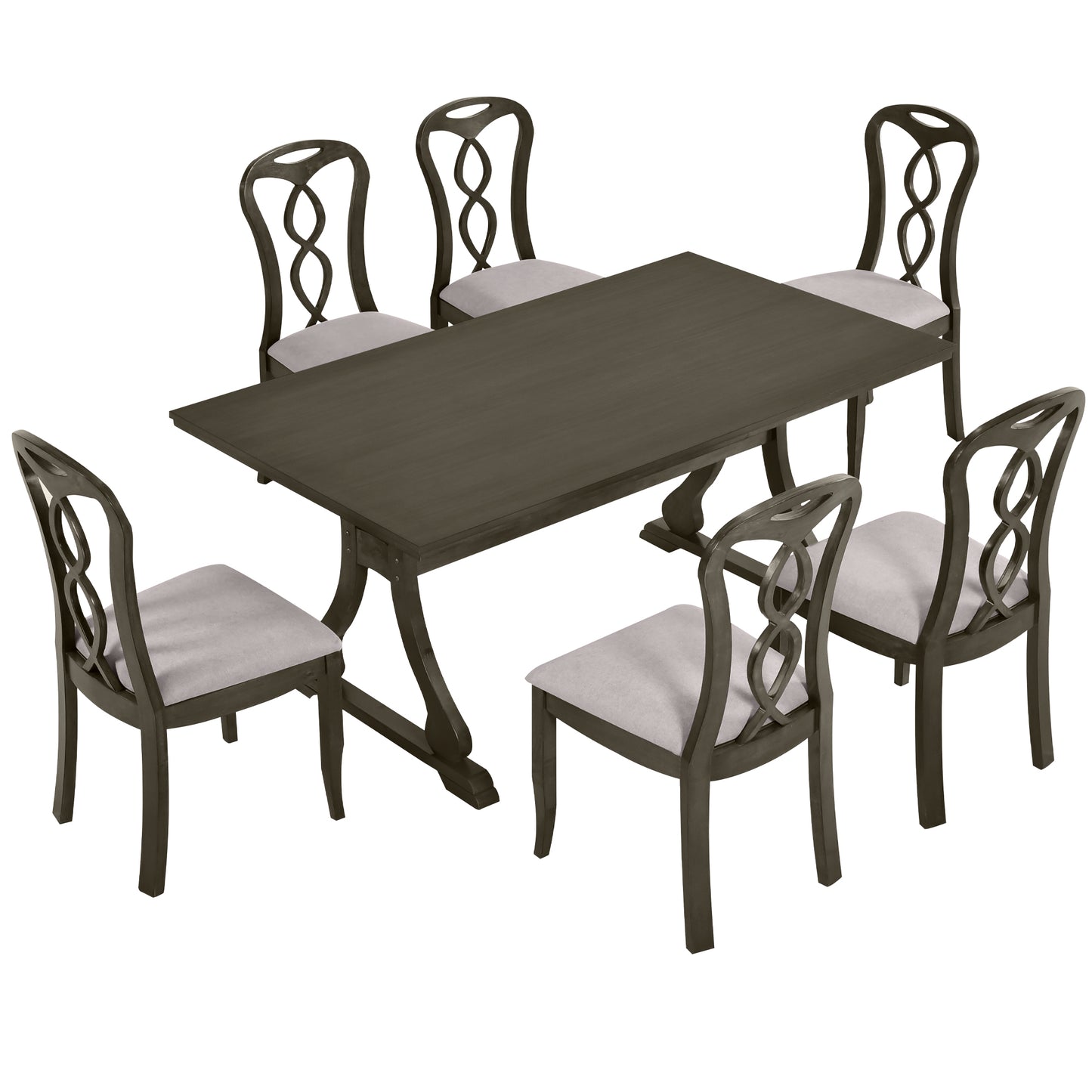 TOPMAX Retro 7-Piece Trestle Dining Table Set with Upholstered Dining Chairs, Smooth Dining Backs for Dining Room, Living Room, Kitchen, Gray