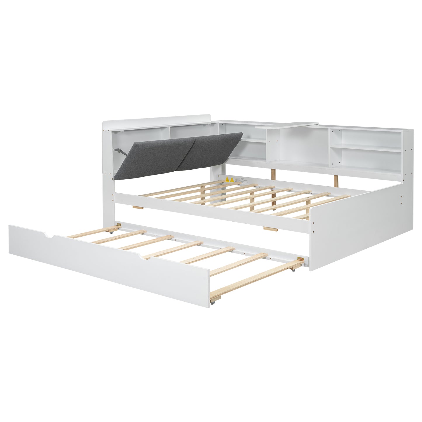 Wood Full Size platform bed with Trundle, Shelves and Storage Headboard, White