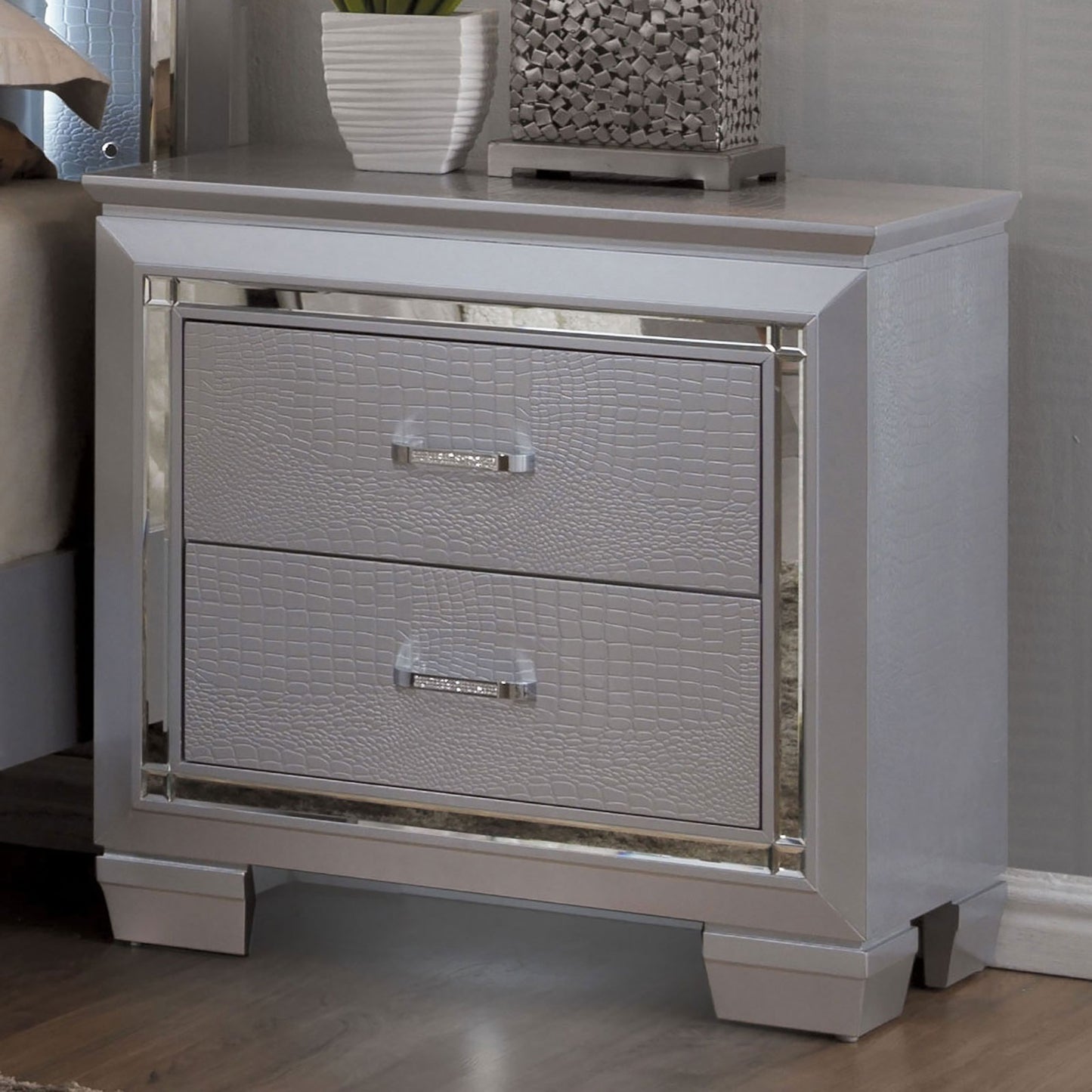 Contemporary 1pc Nightstand Silver Bedside Table LED Light English Dovetail Drawer Bedroom Furniture