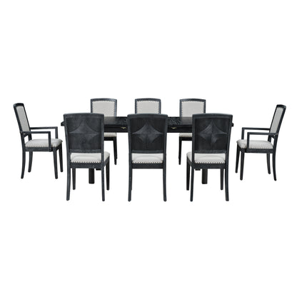 TOPMAX Rustic Extendable 84inch Dining Table Set with 24inch Removable Leaf , 6 Upholstered Armless Dining Chairs and 2 Padded Arm Chairs, 9 Pieces, Black