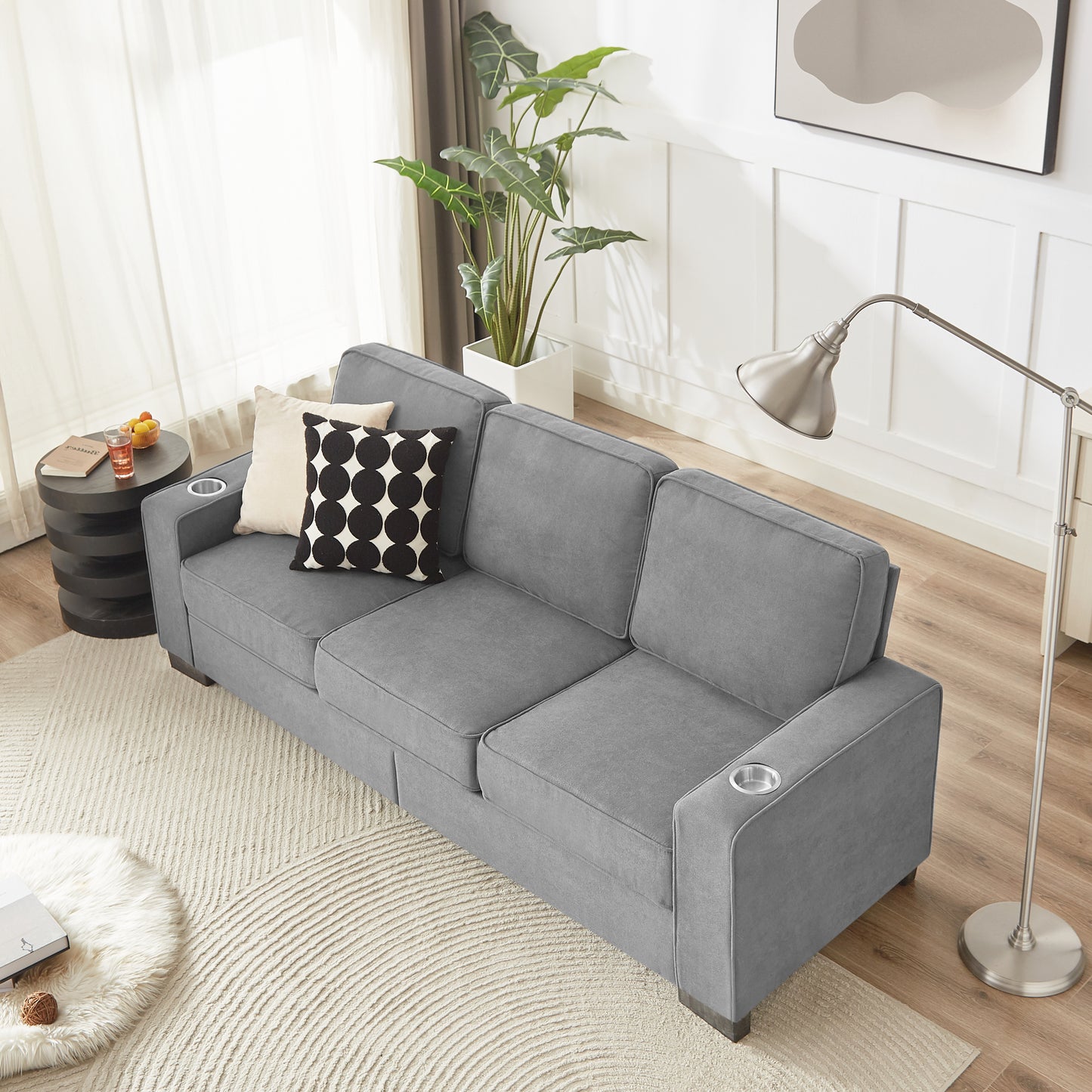 83.86"Snowfleece Fabric sofa,Modern Compressed Couch,3-Seater Sofa, Furniture for Living Room,Bedroom,office ,Gray