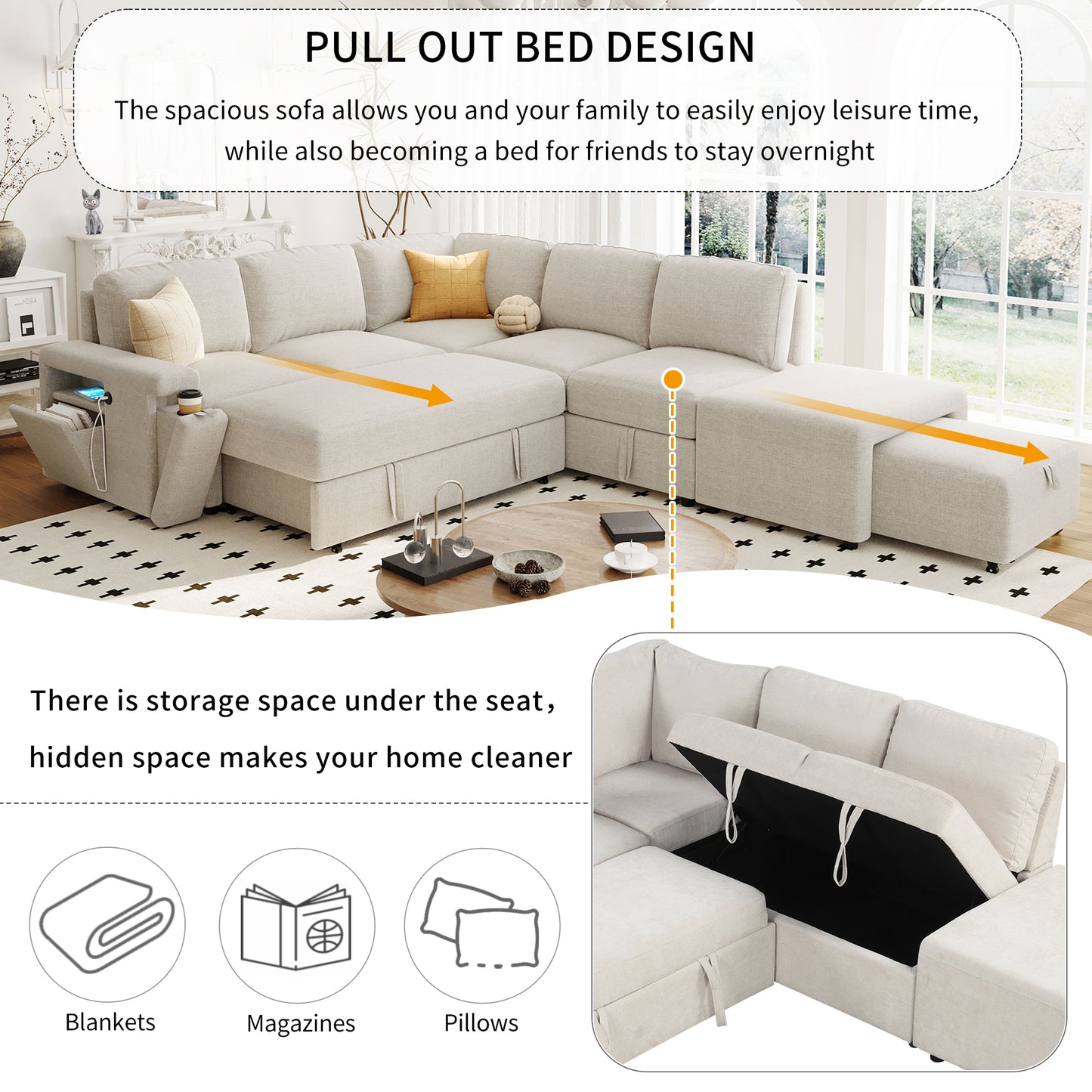 U_STYLE  L-shaped Padded Modular Sofa with Storage Space, USB Ports, and Cup Holders on the Armrests, Suitable for Living Rooms, Offices, and Apartments.