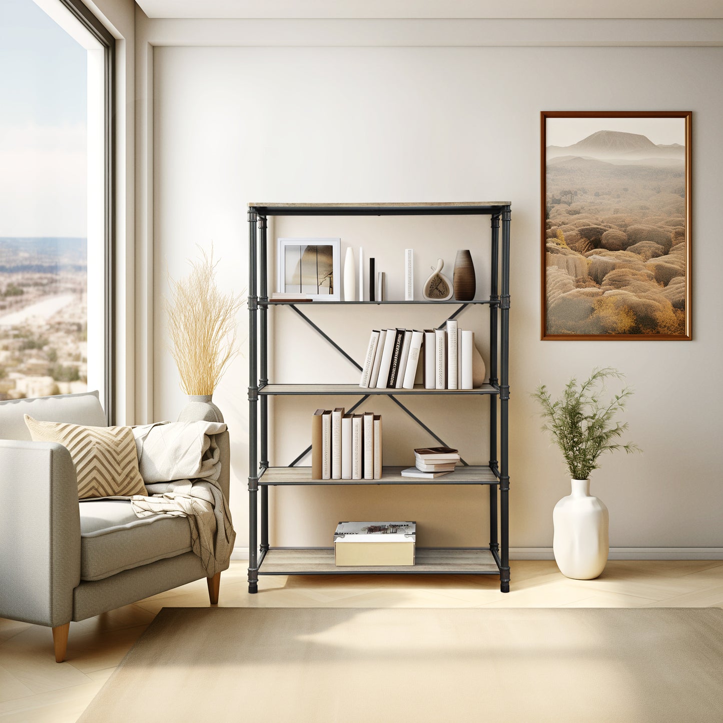 Itzel Antique Oak & Sandy Gray Finish Bookshelf