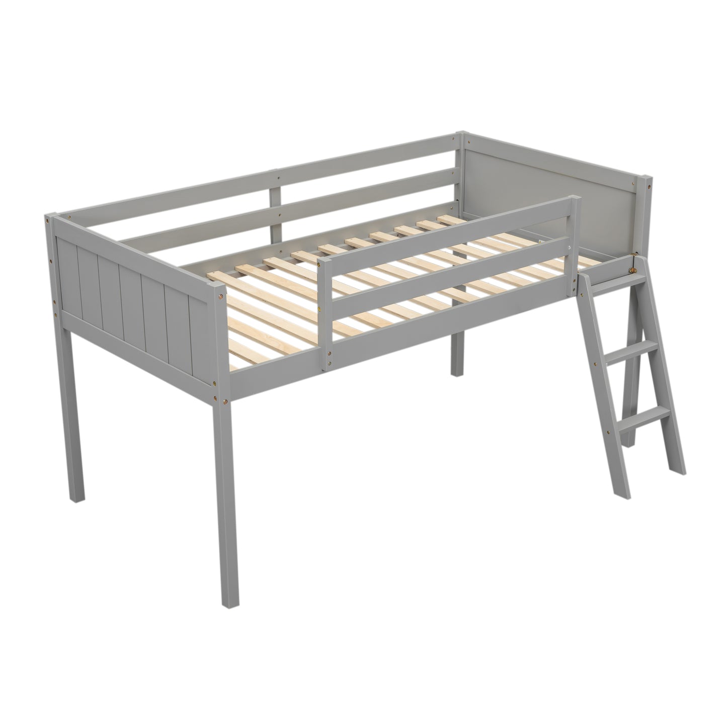 Twin Size Wood Low Loft Bed with Ladder, ladder can be placed on the left or right, Gray