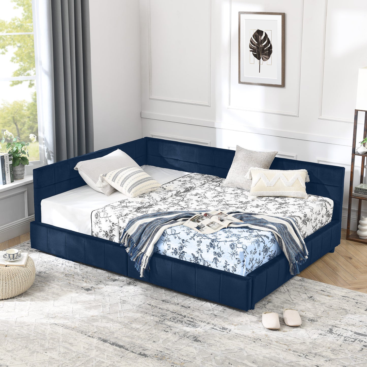 Full Size Storage Upholstered Tufted Bed Frame, Sofa Bed Frame with Comfortable Backrest and Armrests, Full Size Bed for Bedroom, Living Room,Velvet, DARK BLUE(80.5''*59''*29.5'')