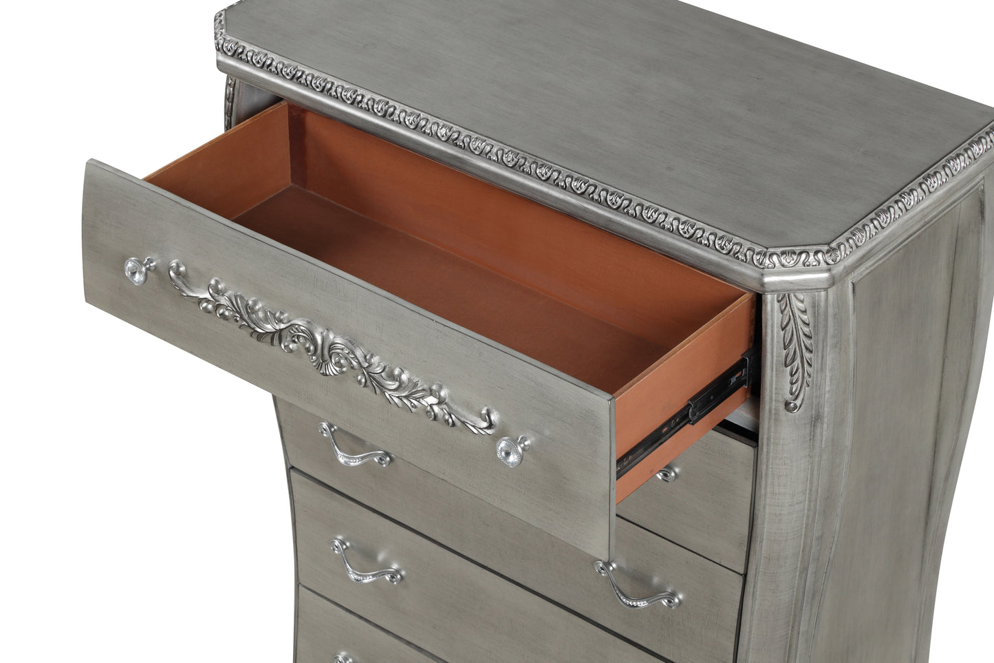 Destiny Traditional Style 5-Drawer Chest With metal drawer pulls Made with Wood in Silver