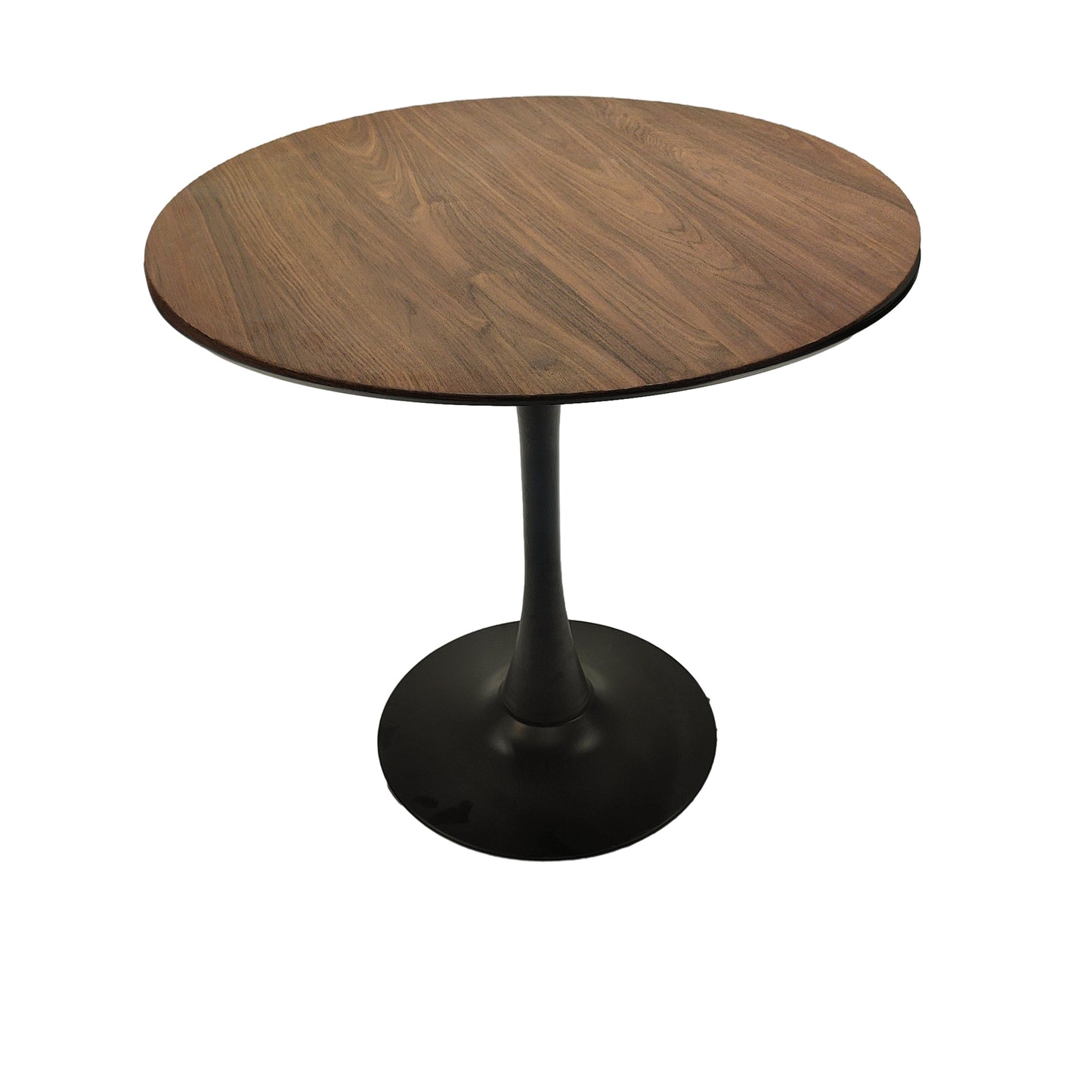 31.5" Walnut color Round Dining Table, Tulip Table Kitchen Dining Table 2-4 People with MDF Table Top and Black metal Pedestal Base and Brown dining chair 4-piece set for black metal legs