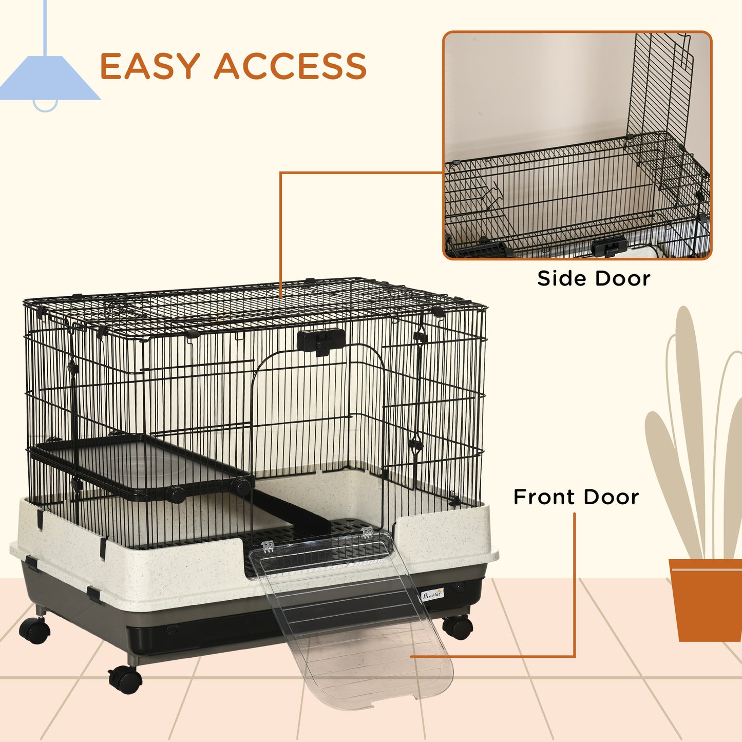 PawHut 26" Small Animal Cage with Wheels, 2-Level Portable Bunny Cage, Chinchilla Ferret Cage with Removable Tray, Platform and Ramp