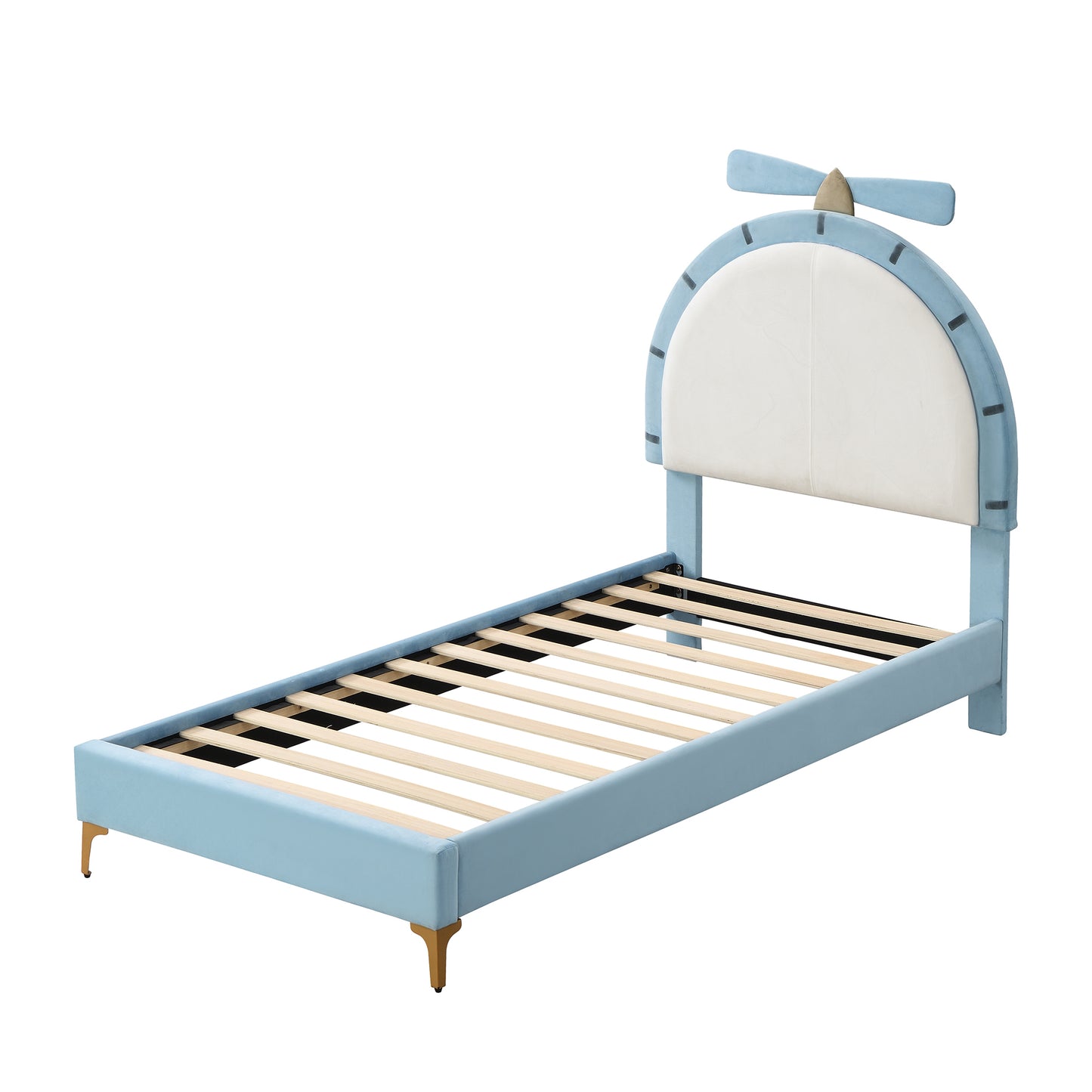 Twin Size Upholstered Platform Bed with Alarm Clock Shaped Headboard, Blue