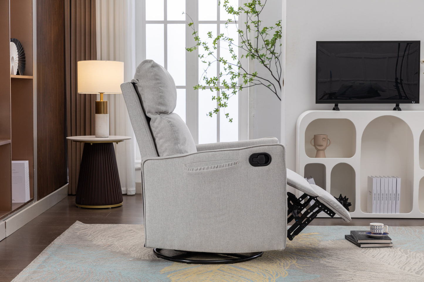 038-Cotton Linen Fabric Swivel Rocking Chair Glider Rocker Recliner Nursery Chair With Adjustable Back And Footrest For Living Room Indoor,Light Gray