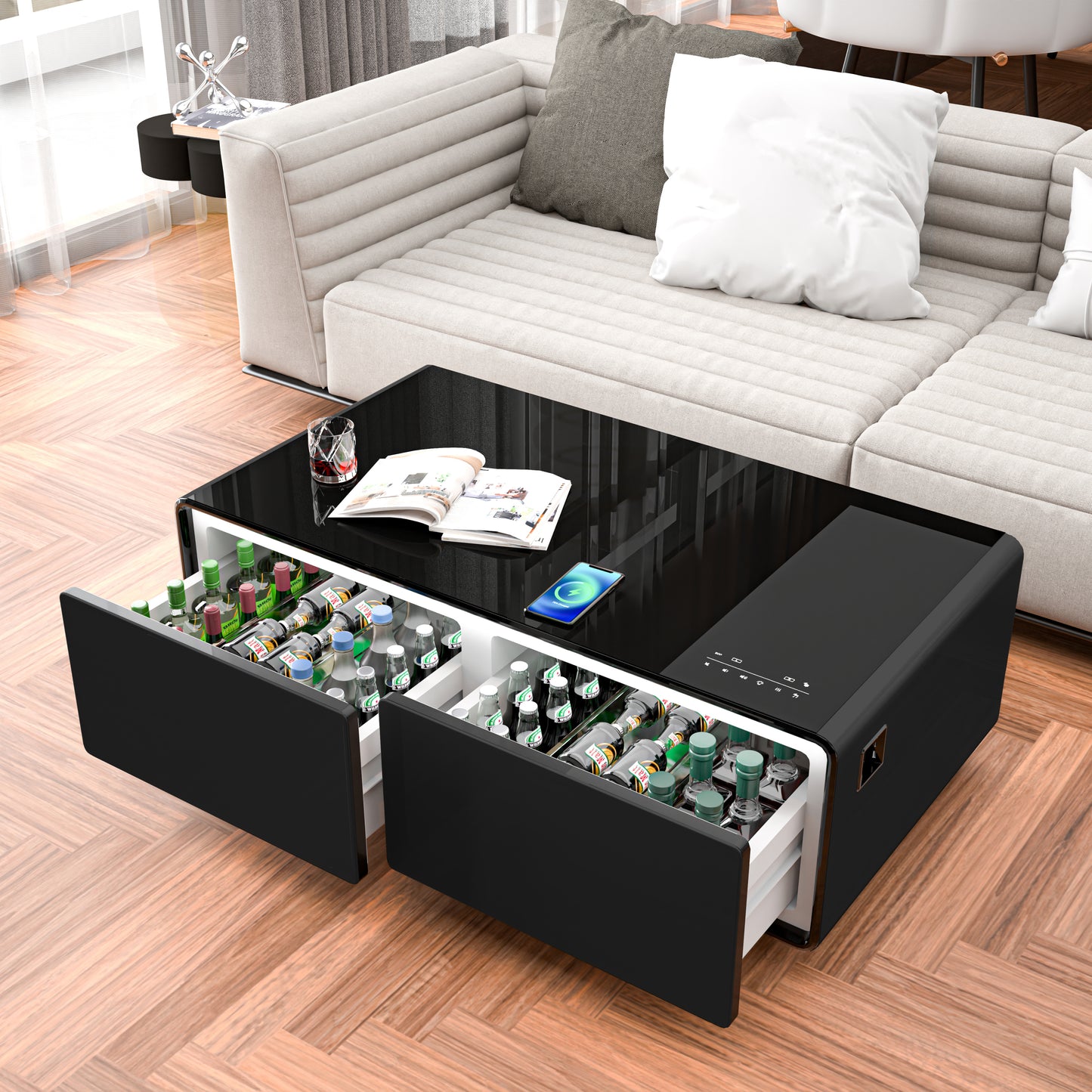 Modern Smart Coffee Table with Built-in Fridge, Bluetooth Speakers, Wireless Charging, Power Socket, USB Ports, Rgb Light, Black