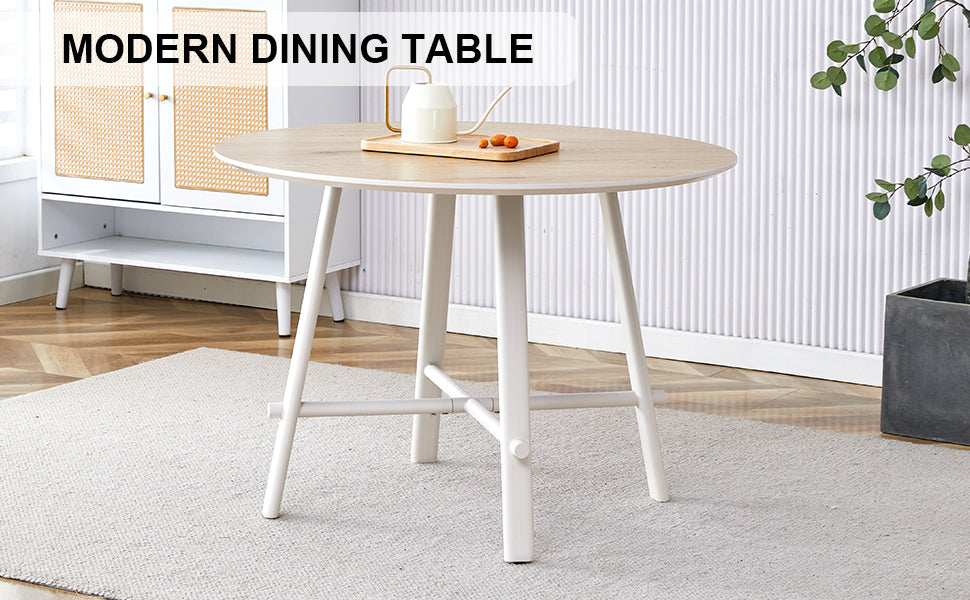 A modern and minimalist circular dining table with a 42 inch diameter wood colorer patterned tabletop and white metal legs. Suitable for restaurants, living rooms, and conference rooms.