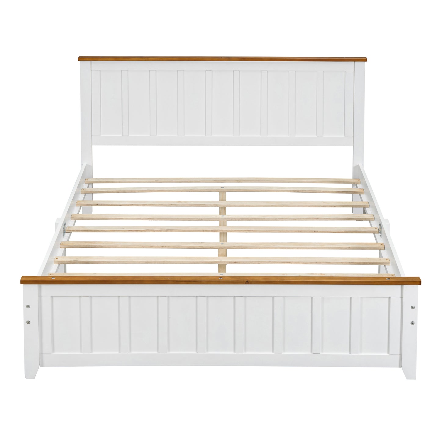 Queen Size Wood Platform Bed Wooden Slat Support, Vintage Simple Bed Frame with Rectangular Headboard and Footboard, White