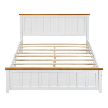 Queen Size Wood Platform Bed Wooden Slat Support, Vintage Simple Bed Frame with Rectangular Headboard and Footboard, White