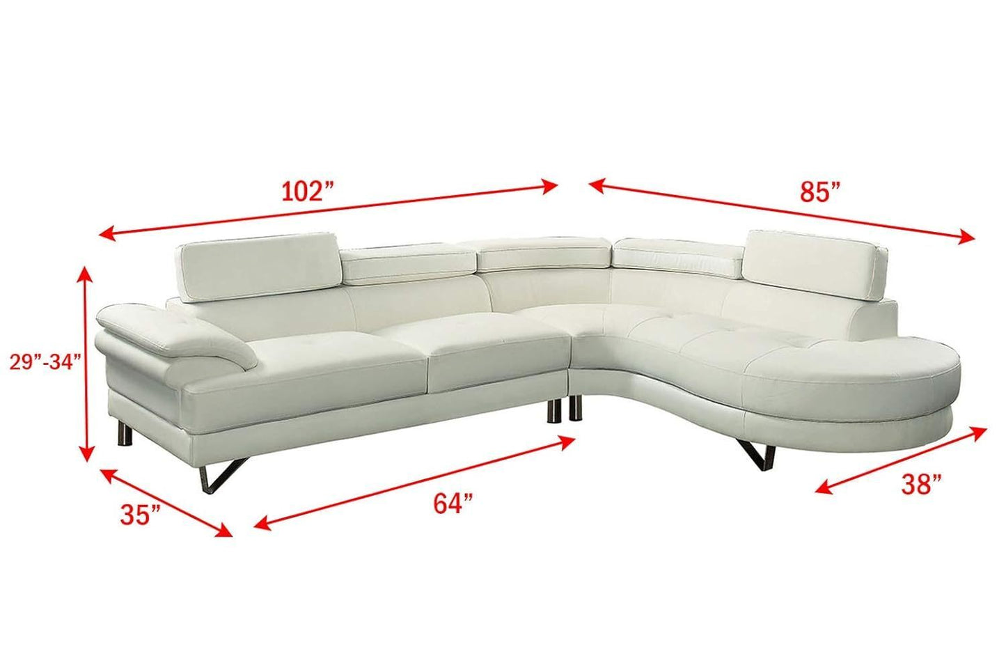 Living Room Furniture Sectional Sofa 2pc Set White Faux Leather Flip-up Headrest Sofa Chaise