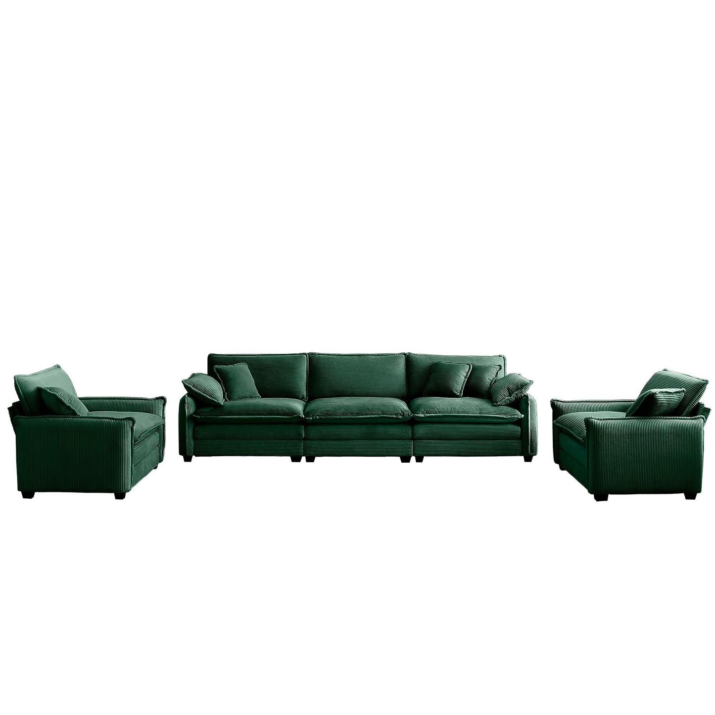 Warm and Cozy Sofa Set with Soft Cushions and Pillows, Home Theater Style Sofa Set Consisting of a 3-Seater Sofa and Two Single Sofas inGreen Corduroy Fabric