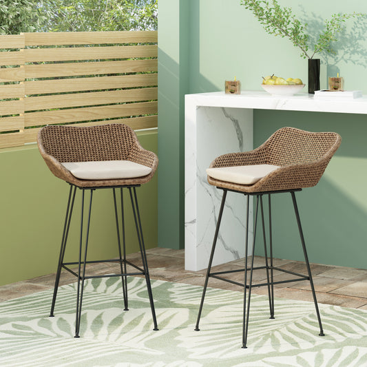 29.25' Outdoor Wicker and Iron Low Back Barstools, Light Brown, with Beige Cushion (Set of 2)