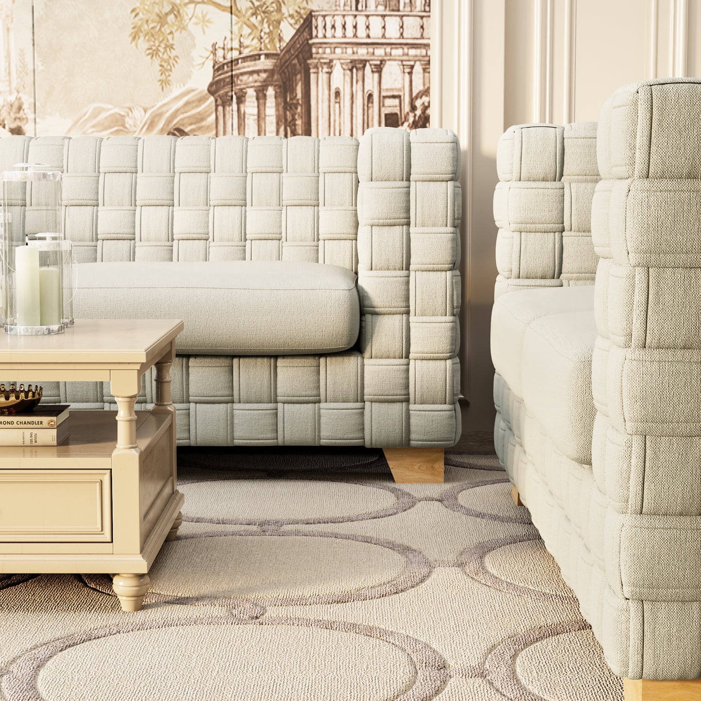 FX-D1 SOFA SET Include Chair Loveseat And Sofa Light Beige ColorLinen & Oak Natural Wood color sofa legs