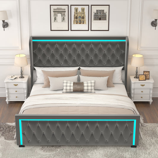 Queen Platform Bed Frame With High headboard, Velvet Upholstered Bed with Deep Tufted Buttons, Adjustable Colorful LED Light Decorative Headboard, Wide Wingbacks,GREY