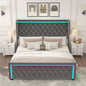 Queen Platform Bed Frame With High headboard, Velvet Upholstered Bed with Deep Tufted Buttons, Adjustable Colorful LED Light Decorative Headboard, Wide Wingbacks,GREY