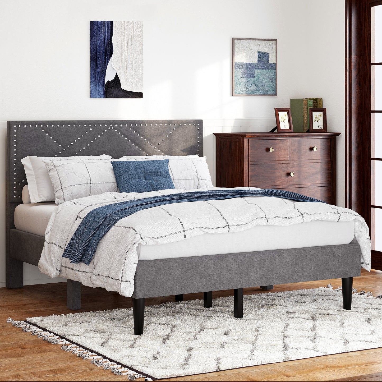 Queen Size Bed Frame with Storage Headboard, Metal Platform Bed No Noise, Mattress Foundation Strong Metal Slats Support No Box Spring Needed