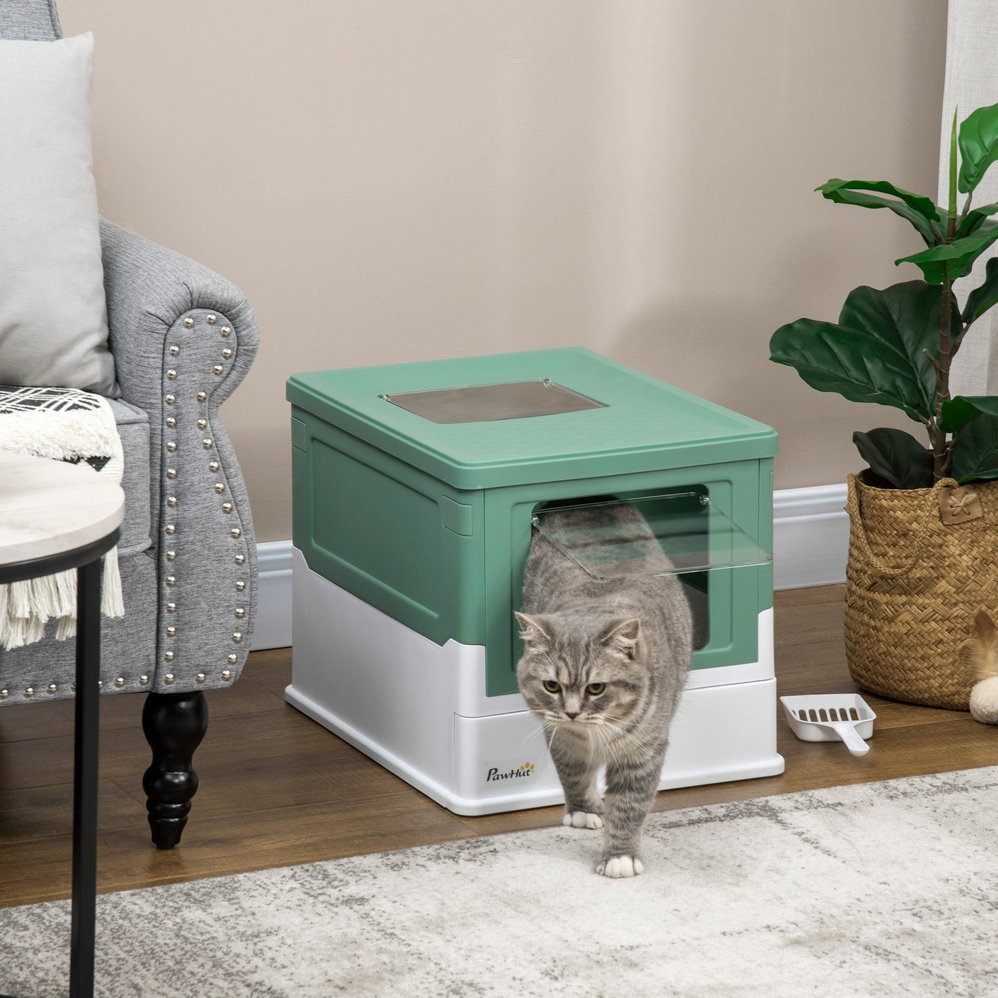 PawHut Fully Enclosed Cat Litter Box with Scoop, Hooded Cat Litter House with Drawer Type Tray, Foldable Smell Proof Cat Potty with Front Entry, Top Exit, Portable Pet Toilet with Large Space, Green