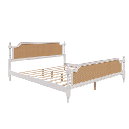 Traditional Style Rattan King Size Bed Frame,No Box Spring Needed,Antique White