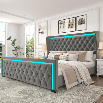 Queen Platform Bed Frame With High headboard, Velvet Upholstered Bed with Deep Tufted Buttons, Adjustable Colorful LED Light Decorative Headboard, Wide Wingbacks,GREY