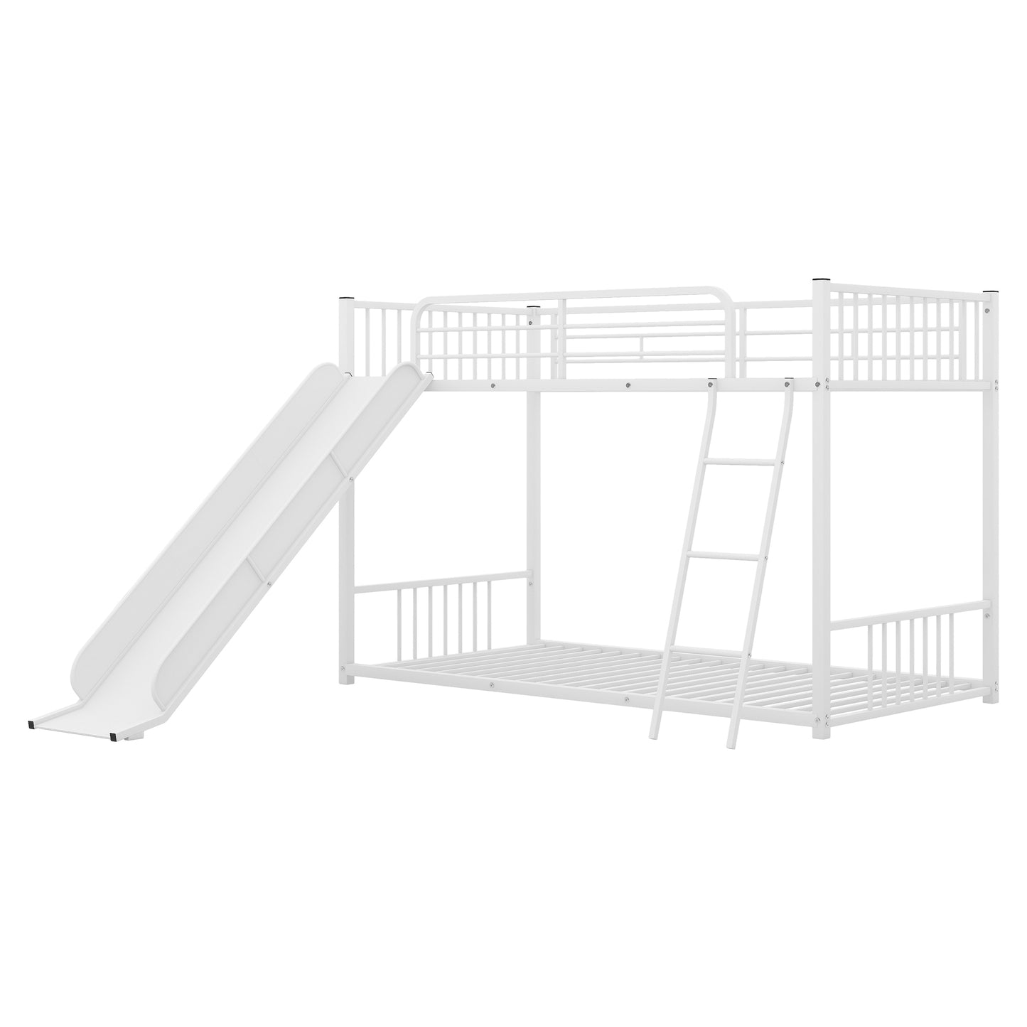 White Metal Twin over Twin Bunk Bed with Slide, Durable Steel Frame, 77.2L x 97W x 54H inches