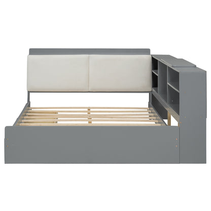 Wood Full Size platform bed with Storage Headboard, Shelves and 2 Drawers, Gray