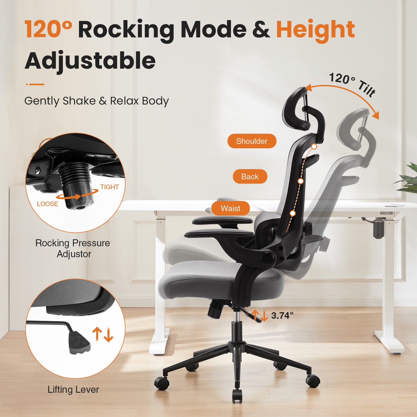 High Back Desk Chair with Adjustable Lumbar Support & Headrest,Comfortable Mesh Computer Chair with Soft Flip Up Arms, Adjustable Height and 120°Tilt,gray