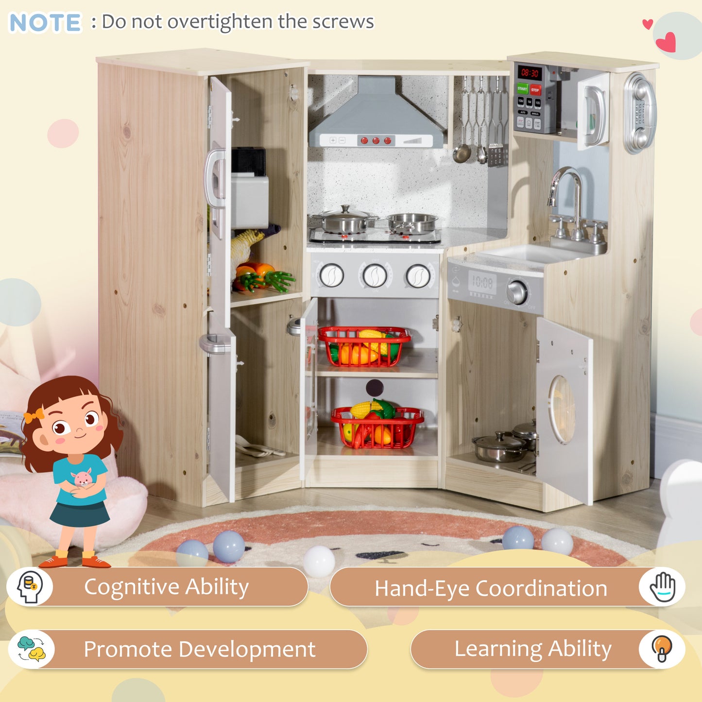 Qaba Ultra-Big Corner Kids Kitchen Playset with Sound Effects, Wooden Play Kitchen  with Stainless Steel Cooking Toys, Imaginative Pretend Toy for Ages 3-6 with Phone, Ice Maker